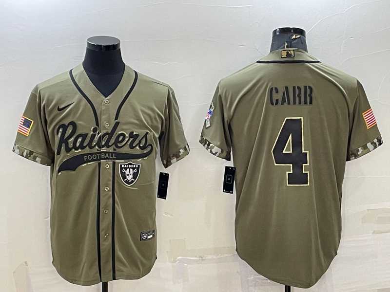 Men%27s Las Vegas Raiders #4 Derek Carr 2022 Olive Salute to Service Cool Base Stitched Baseball Jersey->kansas city chiefs->NFL Jersey